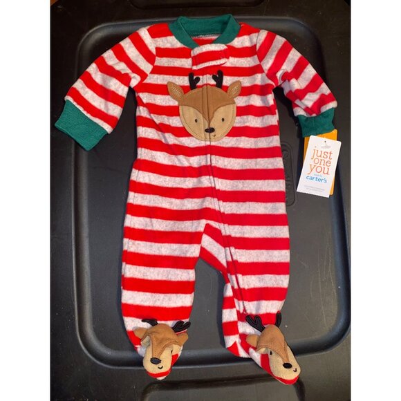 Carter's Fleece Striped Christmas Reindeer Footed Sleeper Romper Newborn - Picture 1 of 8